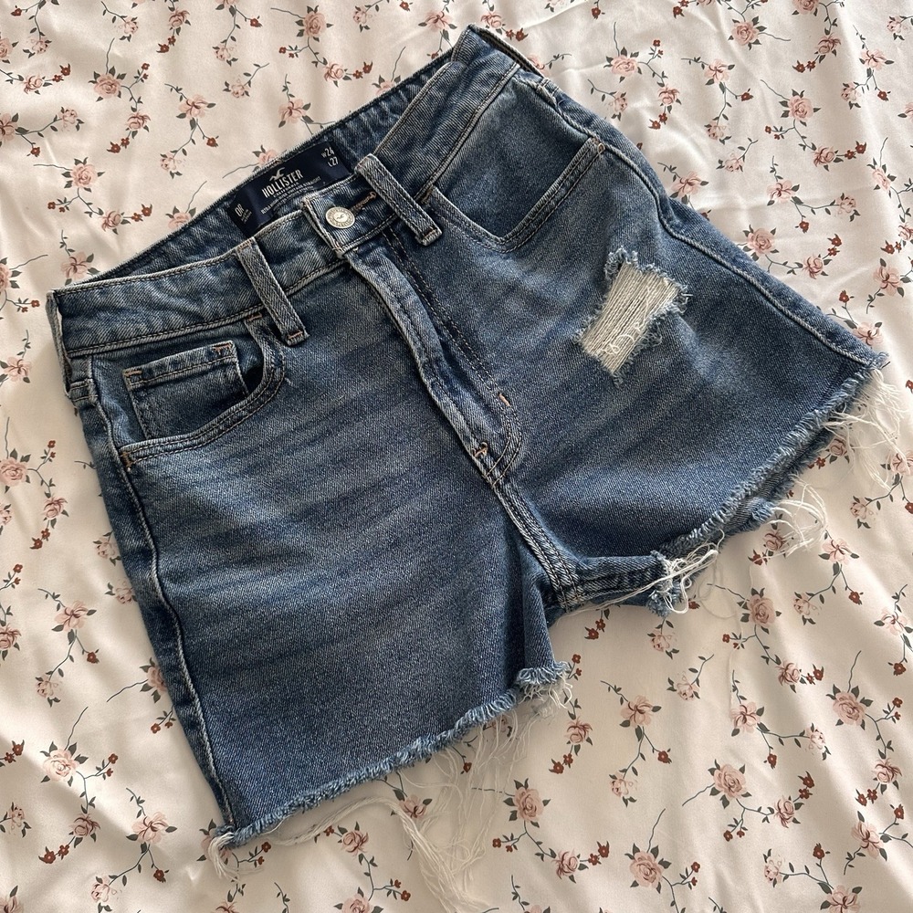 Vintage Hollister Shorts Blue Denim Distressed Ultra High Rise Stretch Size 24